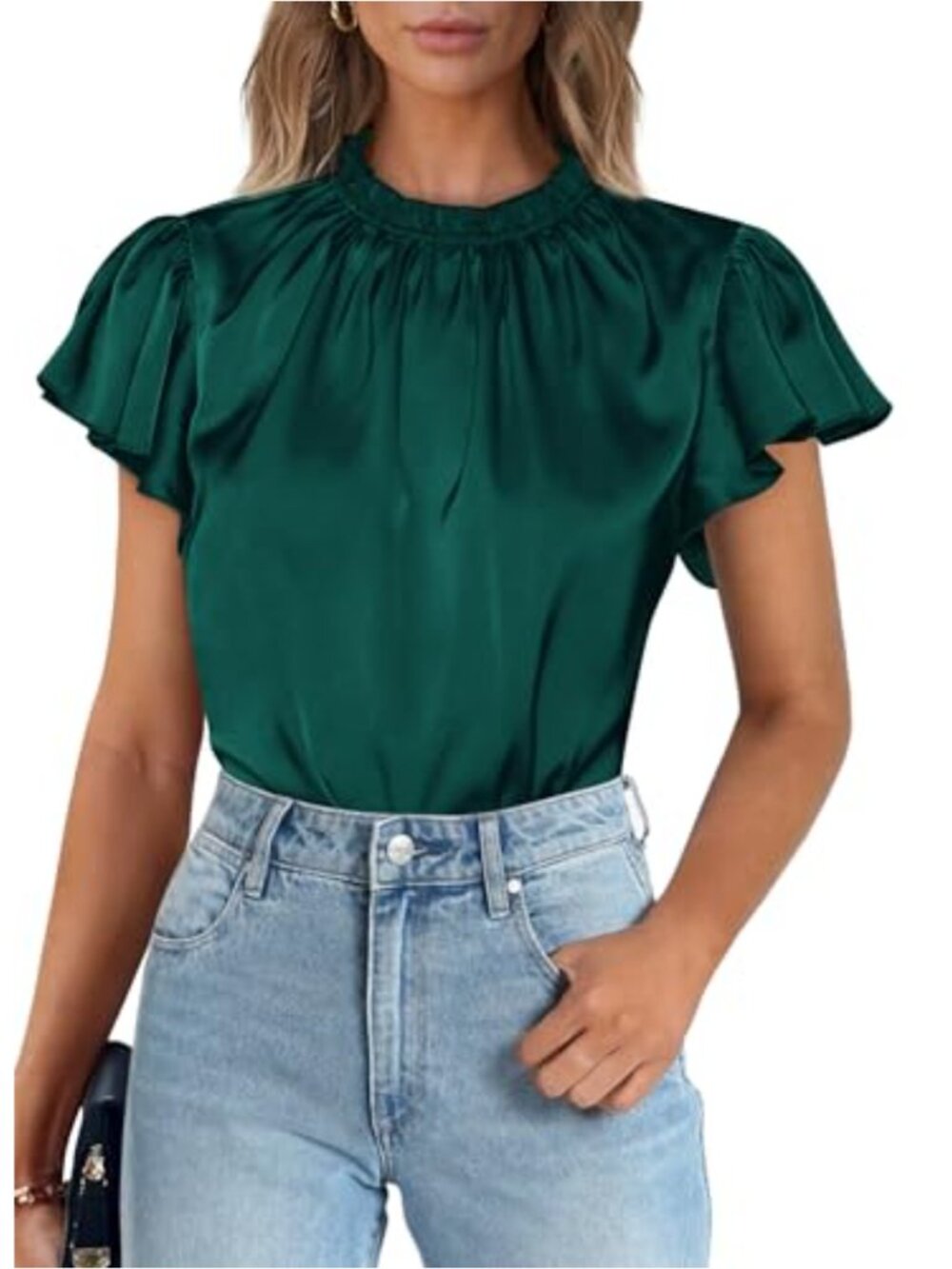 Women's Satin Ruffle Short Sleeve Blouse Crew Neck Dressy Office Top